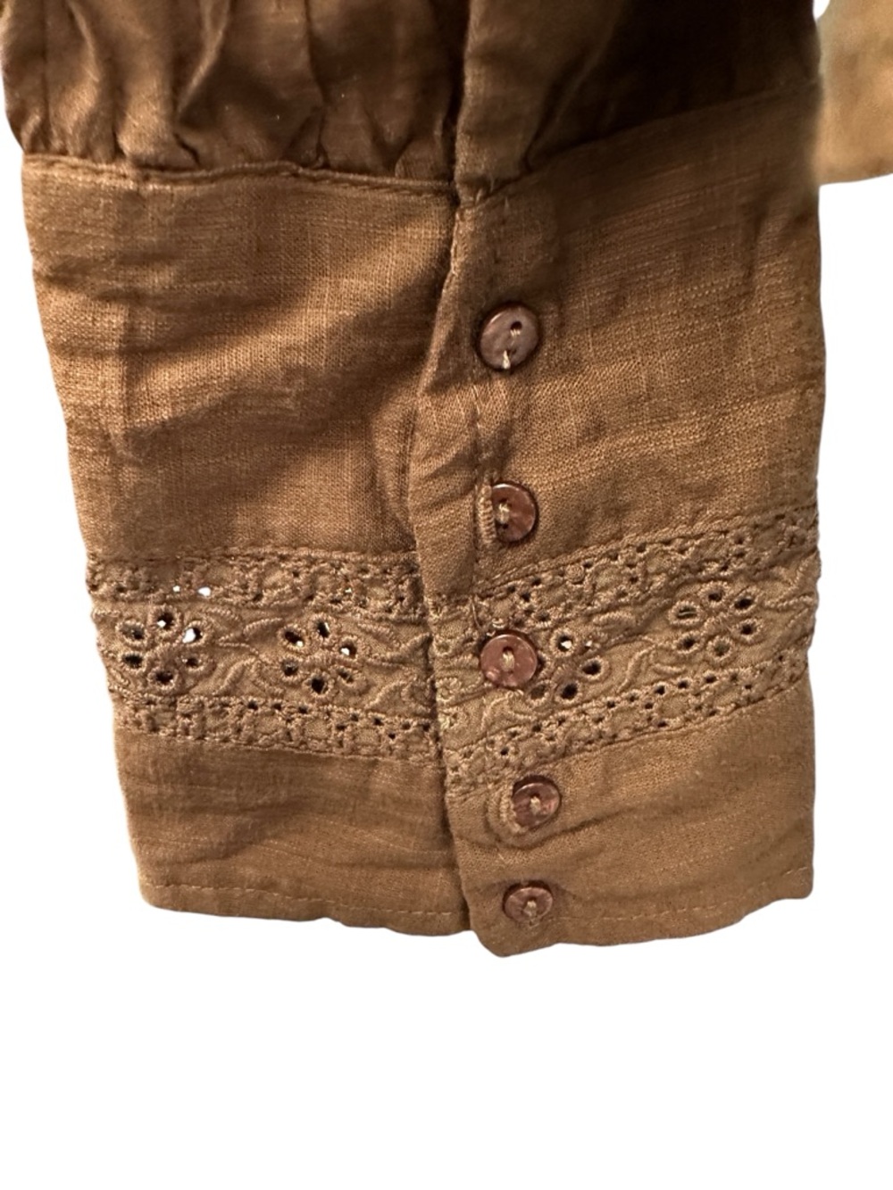 Free People Hit The Road button down blouse in Coffee Date eyelet ruffle yoke - Picture 4 of 14